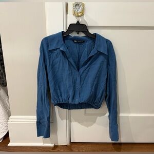 Zara Blue Cropped Button-Down Shirt